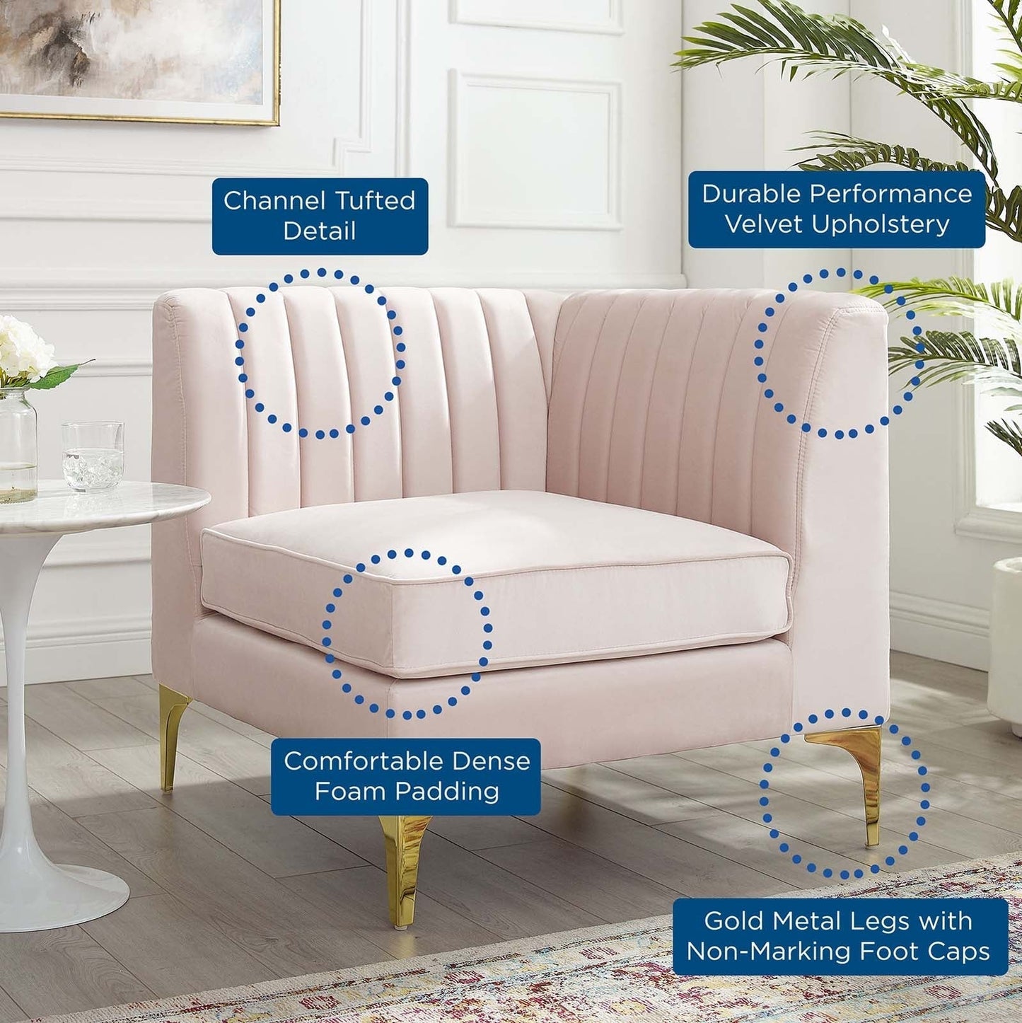 Modway Furniture Triumph Channel Tufted Velvet Corner Chair – Luxe Retro Modern Design for Stylish Living Spaces