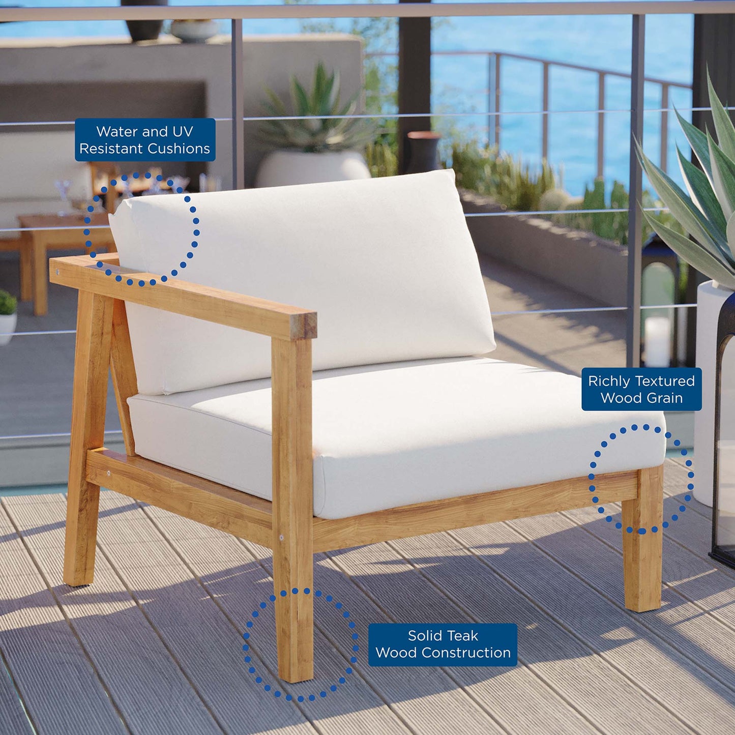 Modway Furniture Bayport Outdoor Patio Teak Wood Right-Arm Chair - EEI-4129-NAT-WHI
