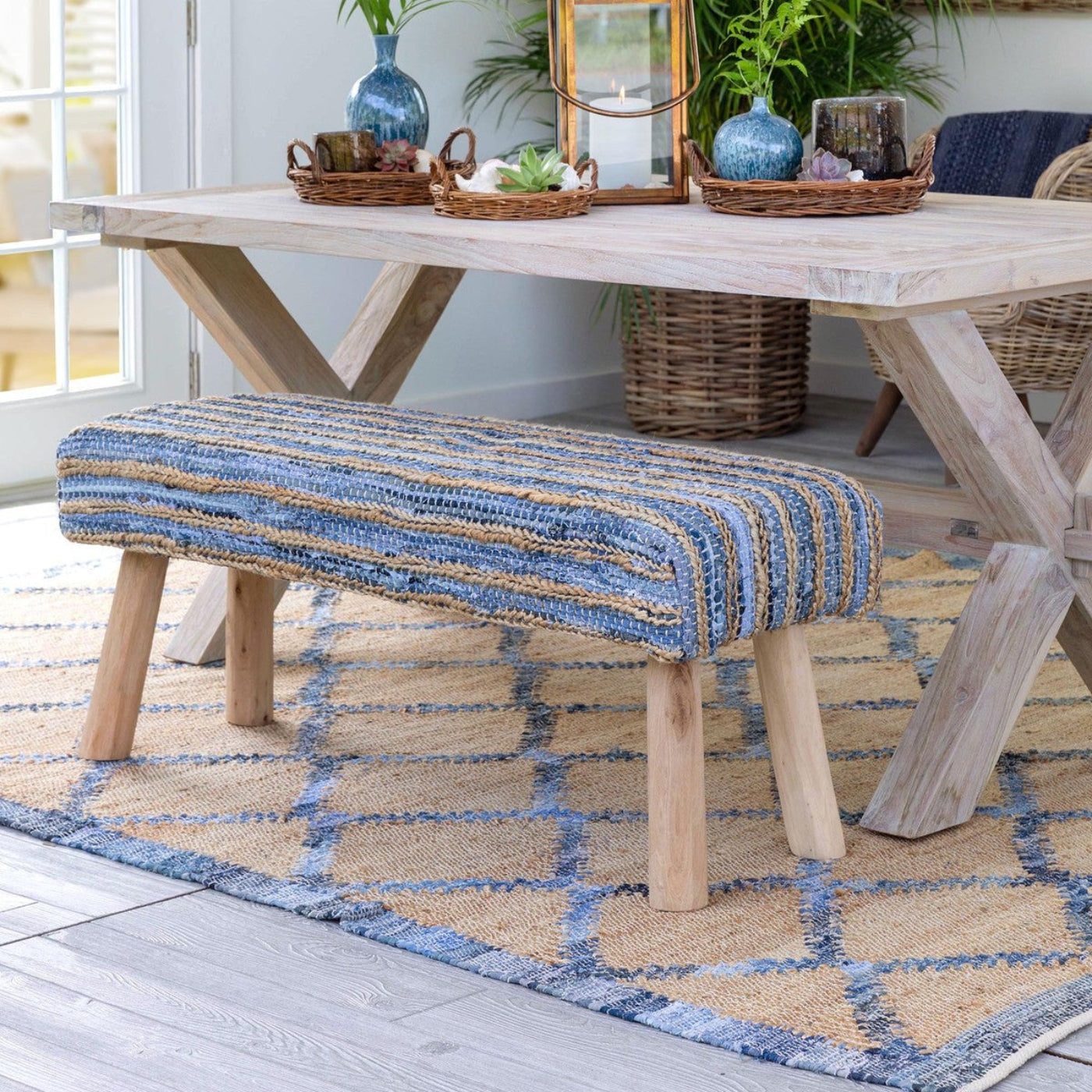 Park Hill Collection Coastal Cottage Hemp and Recycled Denim Windowpane Pattern Rug, 7'9" x 9'9" - EHF06180