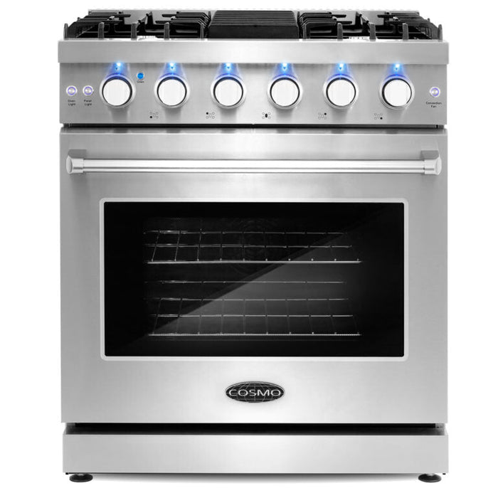 Cosmo 30" Slide-In Freestanding Gas Range with 5 Sealed Burners, Cast Iron Grates, 4.5 cu. ft. Capacity Convection Oven in Stainless Steel - COS-EPGR304