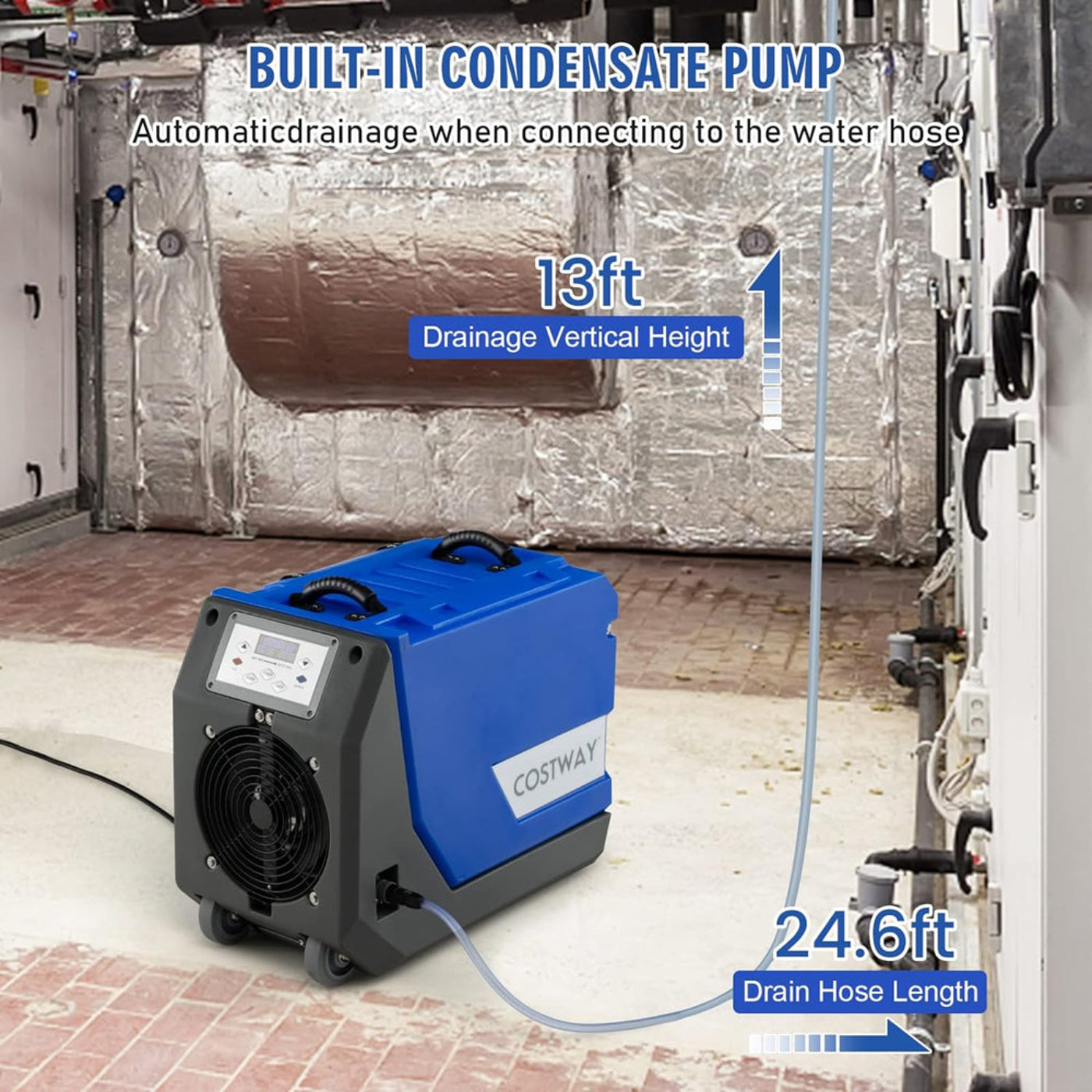 Costway Commercial Dehumidifier 180 Pints 341 CFM Basement/Crawl Space Pump And Drain Hose Blue New - ES10196US-BL