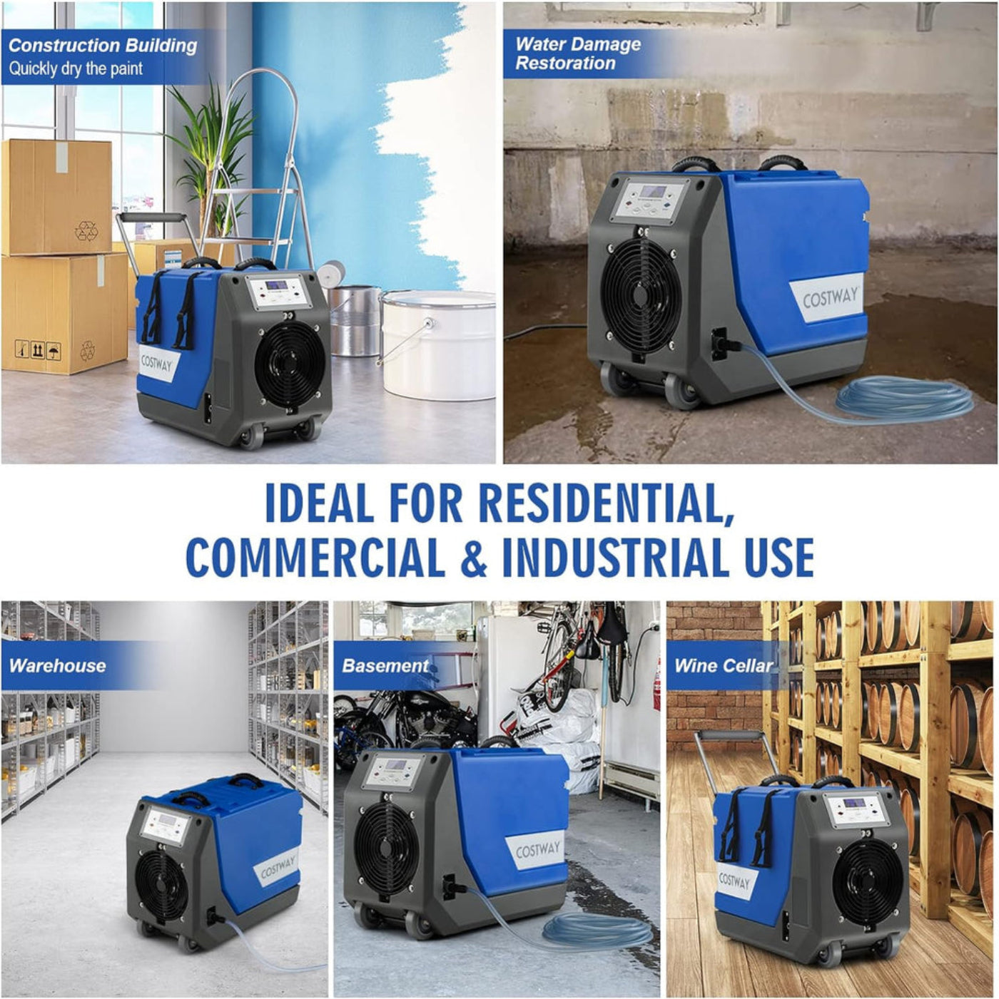 Costway Commercial Dehumidifier 180 Pints 341 CFM Basement/Crawl Space Pump And Drain Hose Blue New - ES10196US-BL