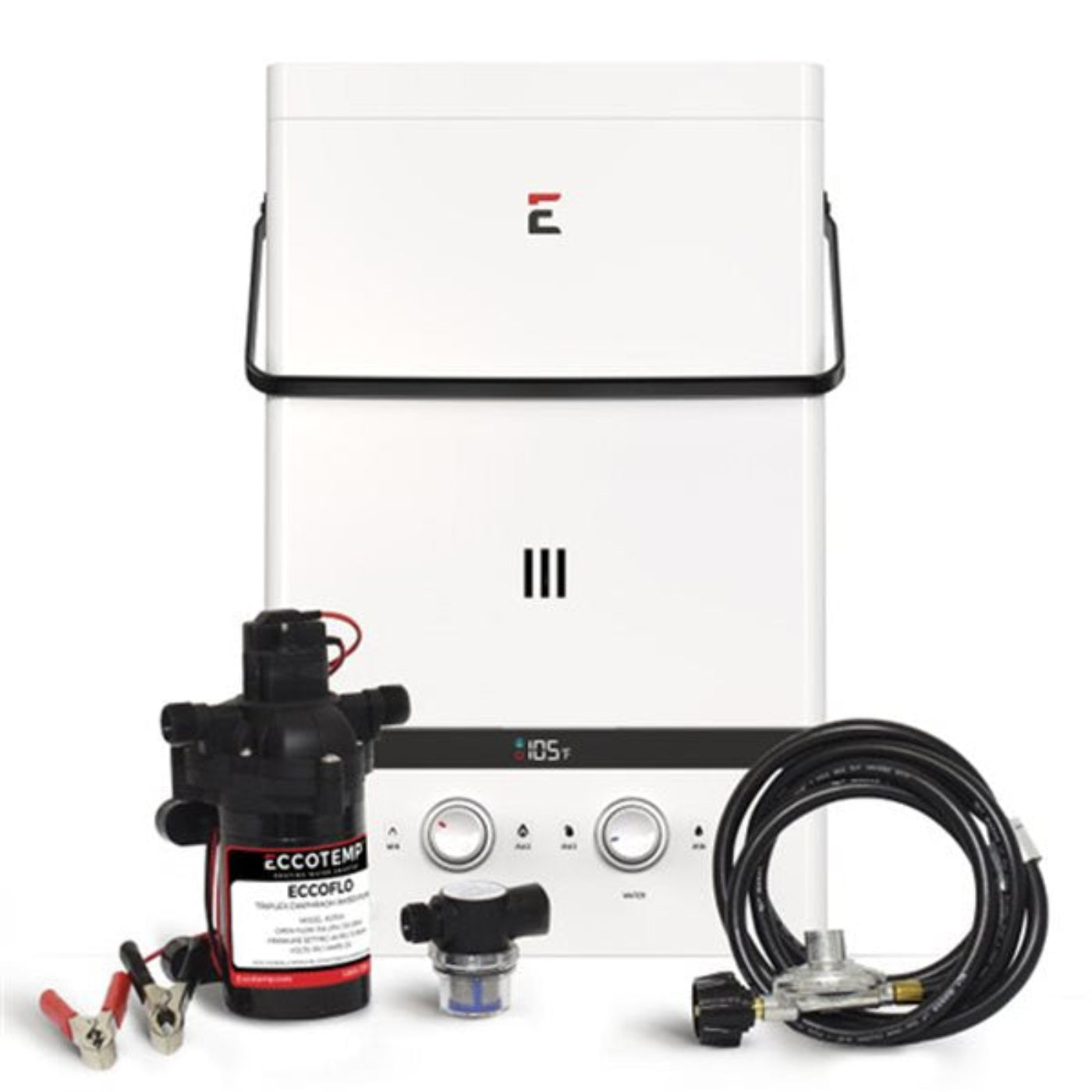 Eccotemp Luxé 3.0 GPM Portable Liquid Propane Outdoor Tankless Water Heater with EccoFlo Diaphragm 12V Pump and Strainer - EL10-PS