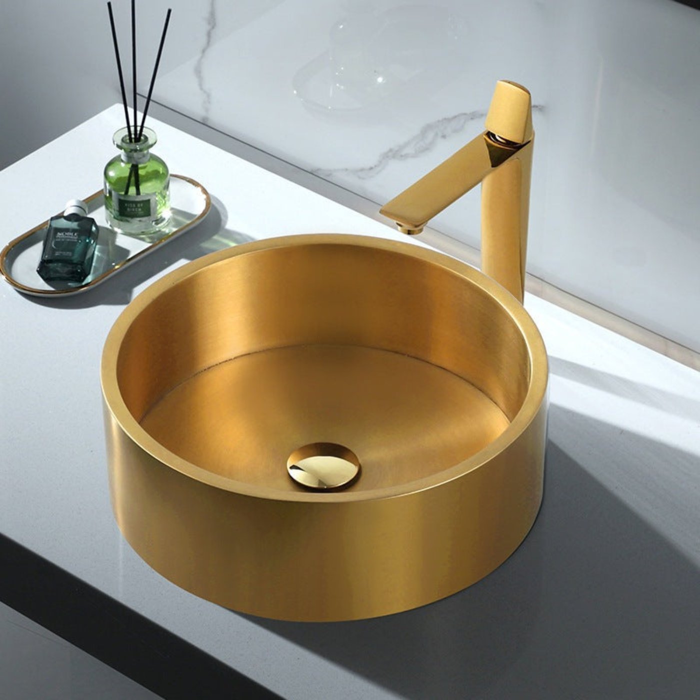 Eden Bath 15 3/4" Round Thick Rim Stainless Steel Bathroom Vessel Sink with Drain in Gold - EB_SS003GD