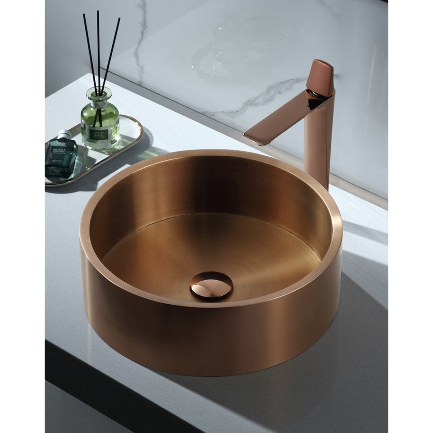 Eden Bath 15 3/4" Round Thick Rim Stainless Steel Bathroom Vessel Sink with Drain in Rose Gold - EB_SS003RG