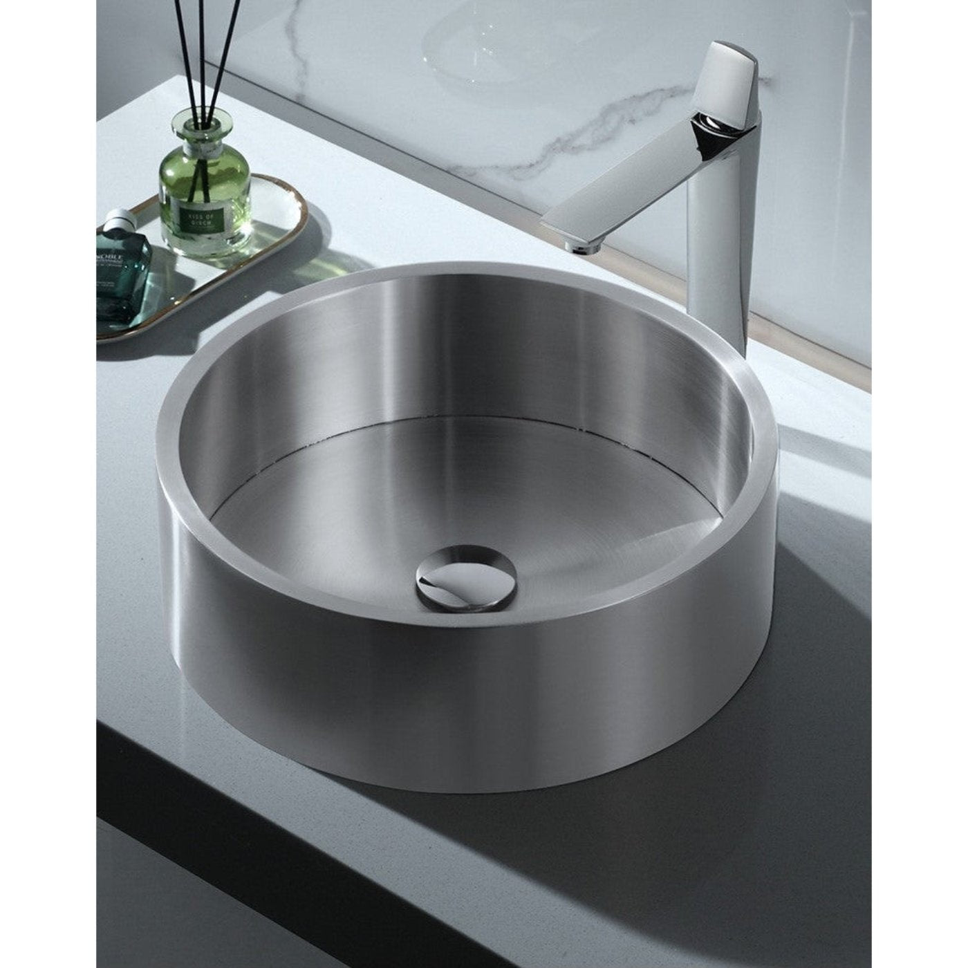 Eden Bath 15 3/4" Round Thick Rim Stainless Steel Bathroom Vessel Sink with Drain in Silver - EB_SS003SV