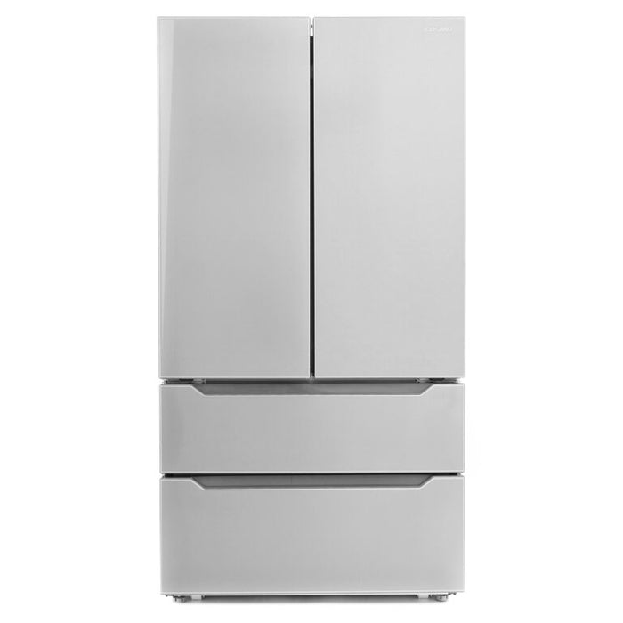 Cosmo 4 Piece Kitchen Package with 48" Freestanding Gas Range 48" Under Cabinet Range Hood 24" Built-in Fully Integrated Dishwasher & Energy Star French Door Refrigerator