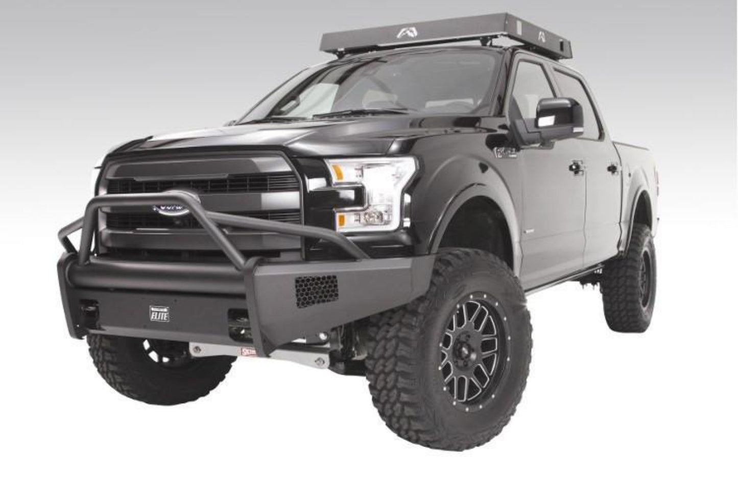 Fab Fours FF15-R3252-1 Ford F150 2015-2017 Black Steel Elite Front Bumper Pre-Runner Guard with Tow Hooks