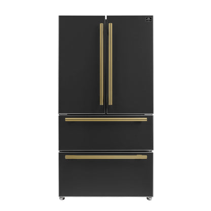 Forno Espresso Moena 36-inch 19.2 Cu.ft French Door Refrigerator in Black with Antique Brass Handle -FFRBI1820-36BLK