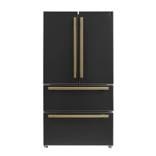 Forno Espresso Moena 36-inch 19.2 Cu.ft French Door Refrigerator in Black with Antique Brass Handle -FFRBI1820-36BLK