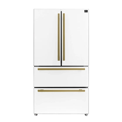 Forno Espresso Moena 36-inch 19.2 Cu.ft French Door Refrigerator in White with Antique Brass Handle  - FFRBI1820-36WHT