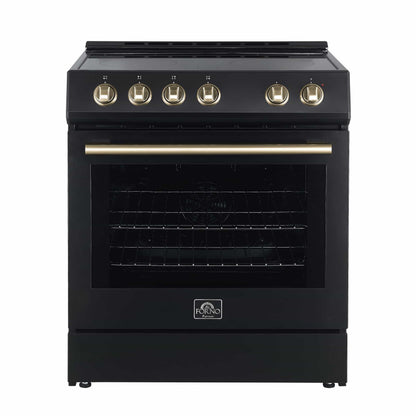 Forno 5-Piece Appliance Package - 30-Inch Electric Range, Under Cabinet Range Hood, French Door Refrigerator, Dishwasher , & Microwave Drawer in Black with Antique Brass Trim - APR5-6012-30BLK