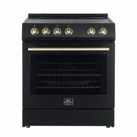 Forno 5-Piece Appliance Package - 30-Inch Electric Range, Under Cabinet Range Hood, French Door Refrigerator, Dishwasher, and 30-Inch Microwave Drawer in Black with Antique Brass Trim - APR5-6012-30BLK-MWD30
