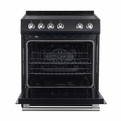 Forno 5-Piece Appliance Package - 30-Inch Electric Range, Under Cabinet Range Hood, Refrigerator with Water Dispenser, Dishwasher, and  Microwave Drawer in Black with Stainless Steel Trim - APW5-6012-30BLK