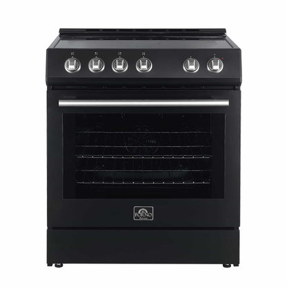 Forno 5-Piece Appliance Package - 30-Inch Electric Range, Under Cabinet Range Hood, Refrigerator with Water Dispenser, Dishwasher, and 30-Inch Microwave Drawer in Black with Stainless Steel Trim - APW5-6012-30BLK-MWD30