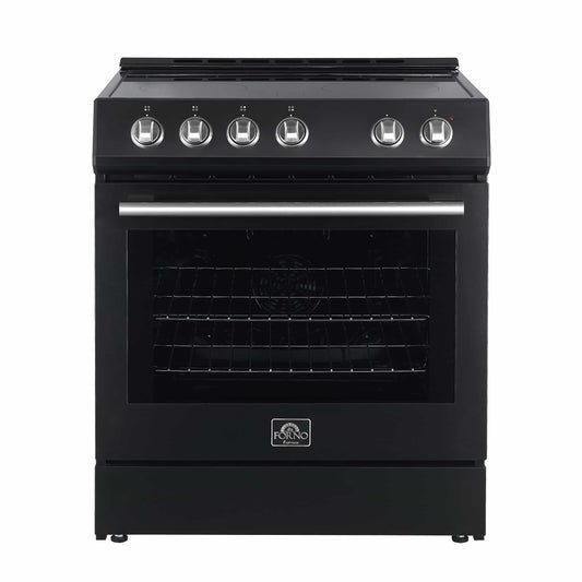 Forno 5-Piece Appliance Package - 30-Inch Electric Range, Under Cabinet Range Hood, Refrigerator, Dishwasher, and 24-Inch Microwave Oven in Black with Stainless Steel Trim - APR5-6012-30BLK-MWO24