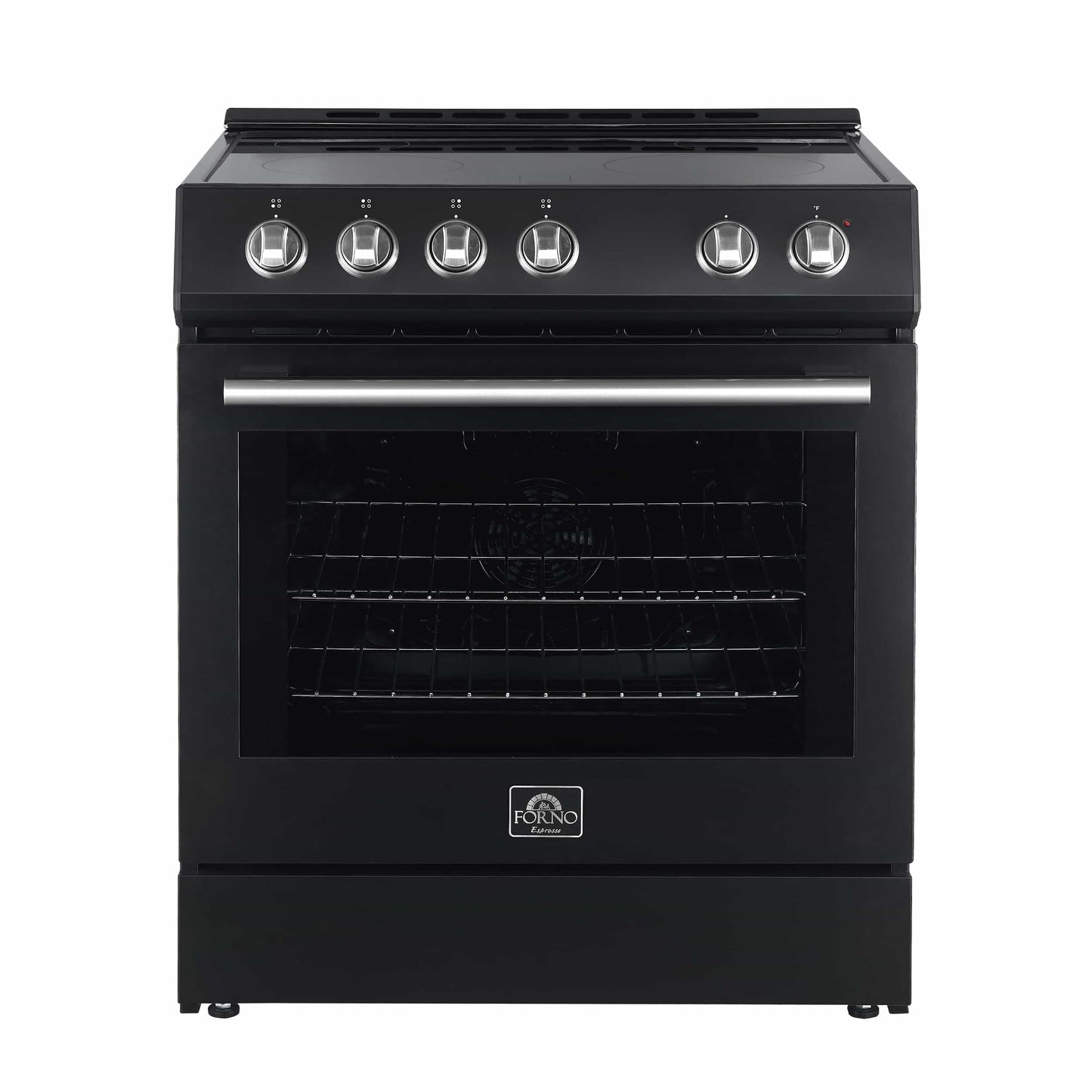 Forno 5-Piece Appliance Package - 30-Inch Electric Range, Under Cabinet Range Hood, French Door Refrigerator, Dishwasher, and 30-Inch Microwave Drawer in Black with Stainless Steel Handle - APR5-6012-30BLK-MWD30