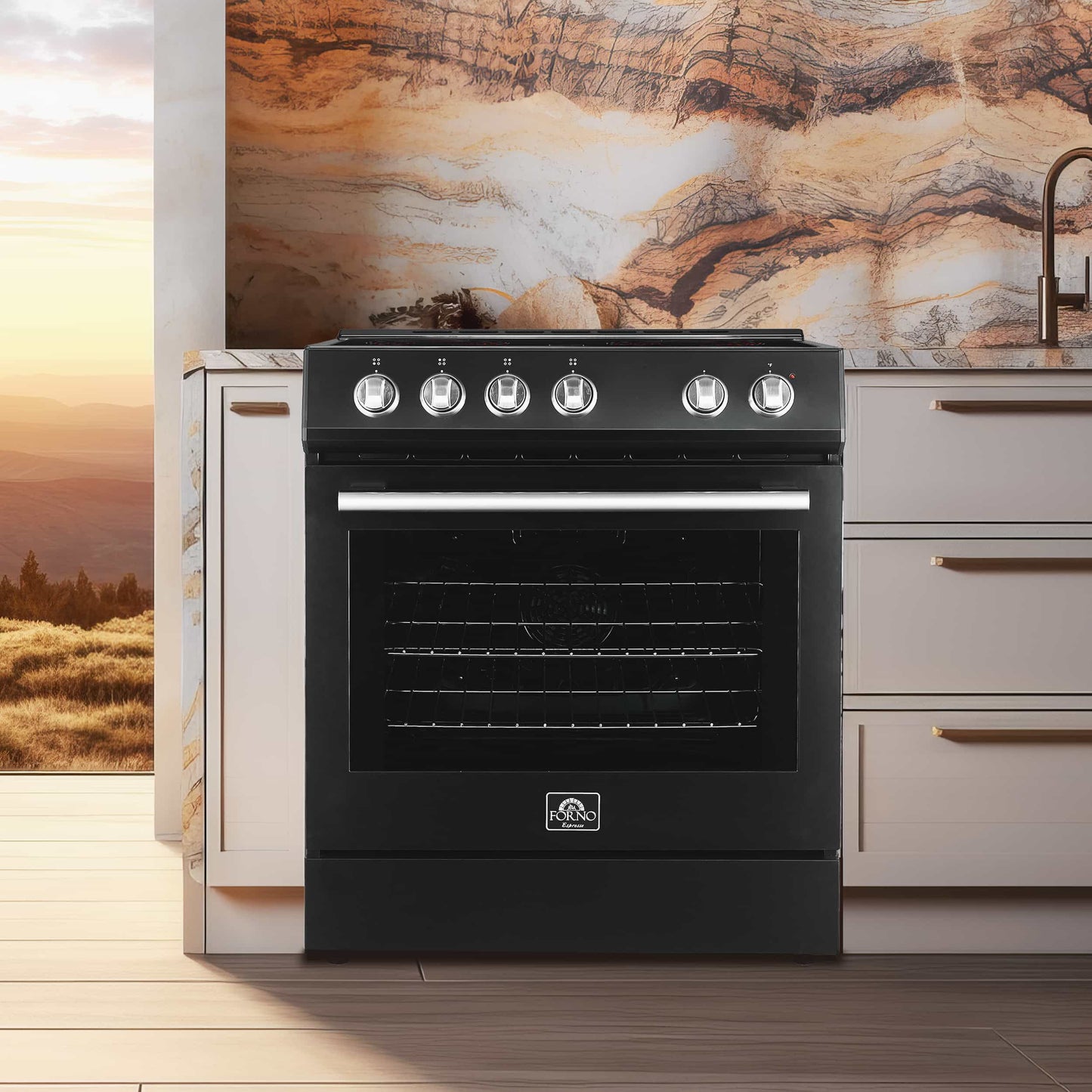 Forno 5-Piece Appliance Package - 30-Inch Electric Range, Under Cabinet Range Hood, Refrigerator with Water Dispenser, Dishwasher, and  Microwave Drawer in Black with Stainless Steel Trim - APW5-6012-30BLK