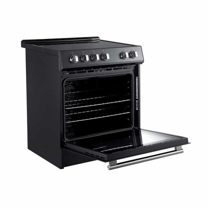 Forno 5-Piece Appliance Package - 30-Inch Electric Range, Under Cabinet Range Hood, French Door Refrigerator, Dishwasher, & 24-Inch Microwave Drawer in Black with Stainless Steel Trim - APR5-6012-30BLK