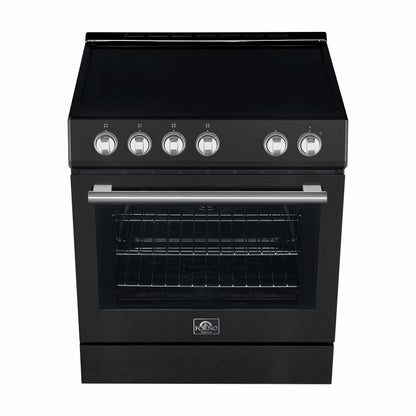 Forno 5-Piece Appliance Package - 30-Inch Electric Range, Under Cabinet Range Hood, French Door Refrigerator, Dishwasher, & 24-Inch Microwave Drawer in Black with Stainless Steel Trim - APR5-6012-30BLK
