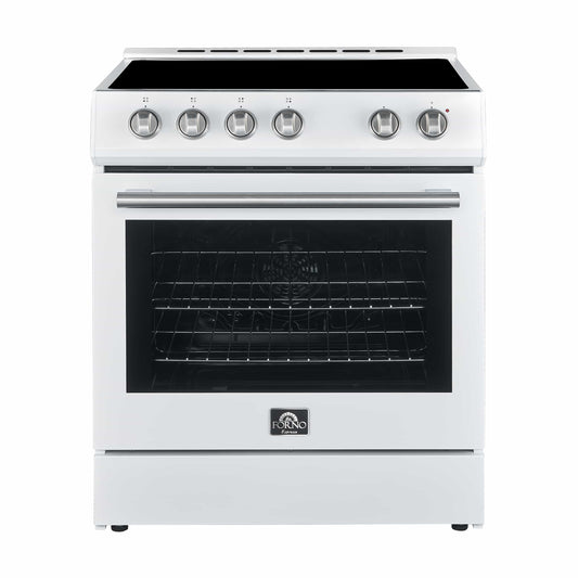 Forno 5-Piece Appliance Package - 30-Inch Electric Range, Under Cabinet Range Hood, French Door Refrigerator, Dishwasher, and 30-Inch Microwave Drawer in White with Stainless Steel Trim - APR5-6012-30WHT-MWD30
