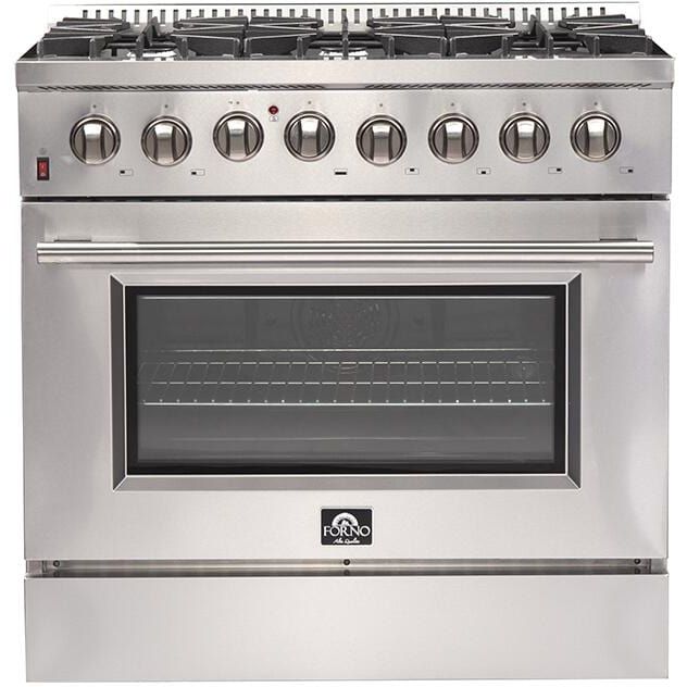 Forno Appliace Package - 36 Inch Dual Fuel Range, Wall Mount Range Hood, Refrigerator, Microwave Drawer, Dishwasher, AP-FFSGS6156-36-8