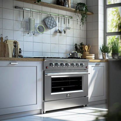 Forno 5-Piece Appliance Package - 36-Inch Gas Range, Wall Mount Range Hood, 36-Inch Refrigerator, Dishwasher, and 24-Inch Microwave Oven in Stainless Steel - AP5-6244-36-5095-24MO