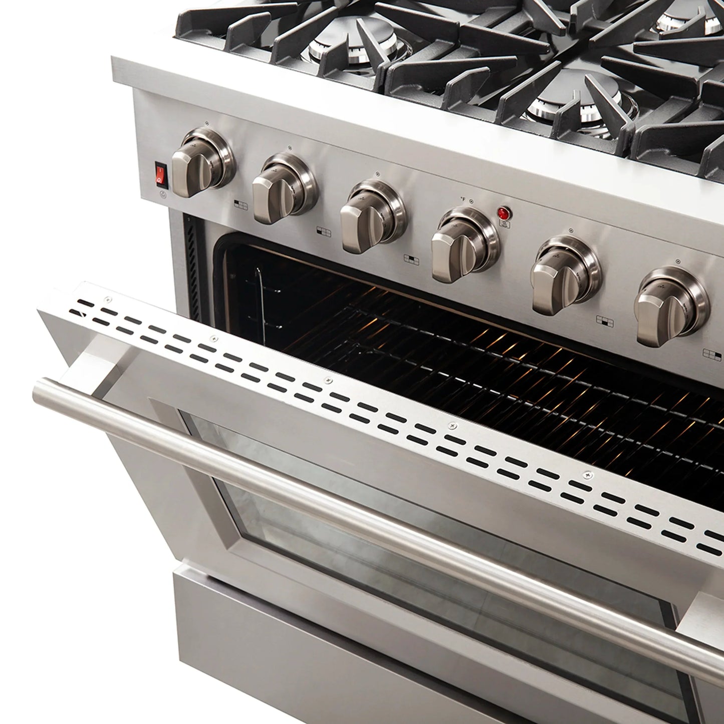 Forno 5-Piece Appliance Package - 36-Inch Gas Range, Wall Mount Range Hood, 36-Inch Refrigerator, Dishwasher, and 24-Inch Microwave Oven in Stainless Steel - AP5-6244-36-5095-24MO