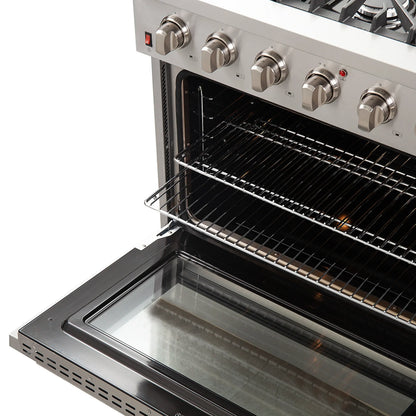 Forno 5-Piece Appliance Package - 36-Inch Gas Range, Wall Mount Range Hood, 36-Inch Refrigerator, Dishwasher, and 24-Inch Microwave Oven in Stainless Steel - AP5-6244-36-5095-24MO
