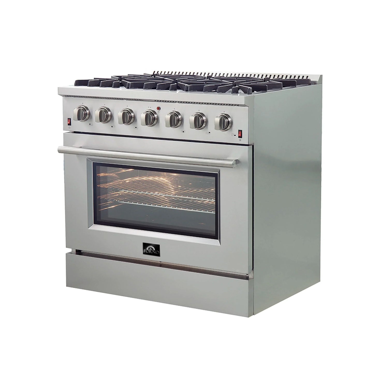 Forno 5-Piece Appliance Package - 36-Inch Gas Range, Wall Mount Range Hood, 36-Inch Refrigerator, Dishwasher, and 24-Inch Microwave Oven in Stainless Steel - AP5-6244-36-5095-24MO