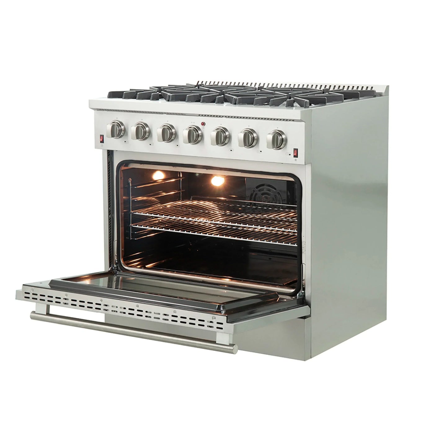 Forno 5-Piece Appliance Package - 36-Inch Gas Range, Wall Mount Range Hood, 60-Inch Refrigerator, Dishwasher, and 30-Inch Microwave Oven in Stainless Steel - AP5-6244-36-5095-60S-30MO