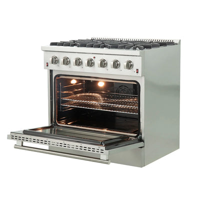 Forno 5-Piece Appliance Package - 36-Inch Gas Range, Wall Mount Range Hood, 36-Inch Refrigerator, Dishwasher, and 24-Inch Microwave Oven in Stainless Steel - AP5-6244-36-5095-24MO