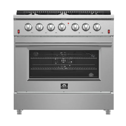 Forno 5-Piece Appliance Package - 36-Inch Gas Range, Wall Mount Range Hood, 36-Inch Refrigerator, Dishwasher, and 24-Inch Microwave Oven in Stainless Steel - AP5-6244-36-5095-24MO