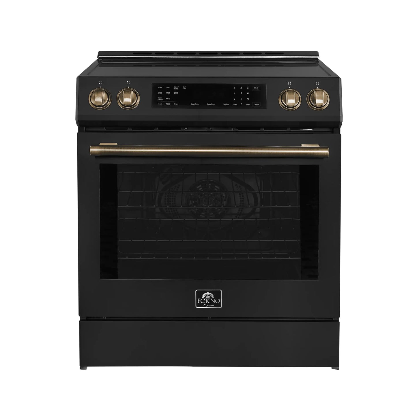 Forno 5-Piece Appliance Package - 30-Inch Induction Range, Under Cabinet Range Hood, Refrigerator, Dishwasher, and 30-Inch Microwave Oven in Black with Antique Brass Trim - APR5-905-30BLK-MWO30