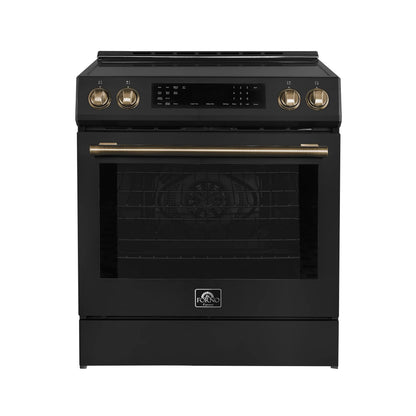 Forno 5-Piece Appliance Package - 30-Inch Induction Range, Under Cabinet Range Hood, Refrigerator with Water Dispenser, Dishwasher, and 30-Inch Microwave Drawer in Black with Antique Brass Trim - APW5-905-30BLK-MWD30