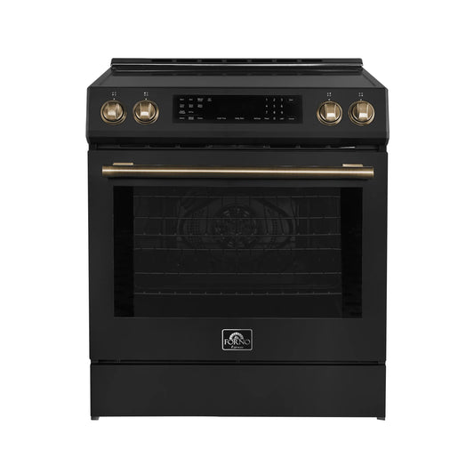 Forno 5-Piece Appliance Package - 30-Inch Induction Range, Under Cabinet Range Hood, French Door Refrigerator, Dishwasher, and 30-Inch Microwave Drawer in Black with Antique Brass Trim - APR5-905-30BLK-MWD30