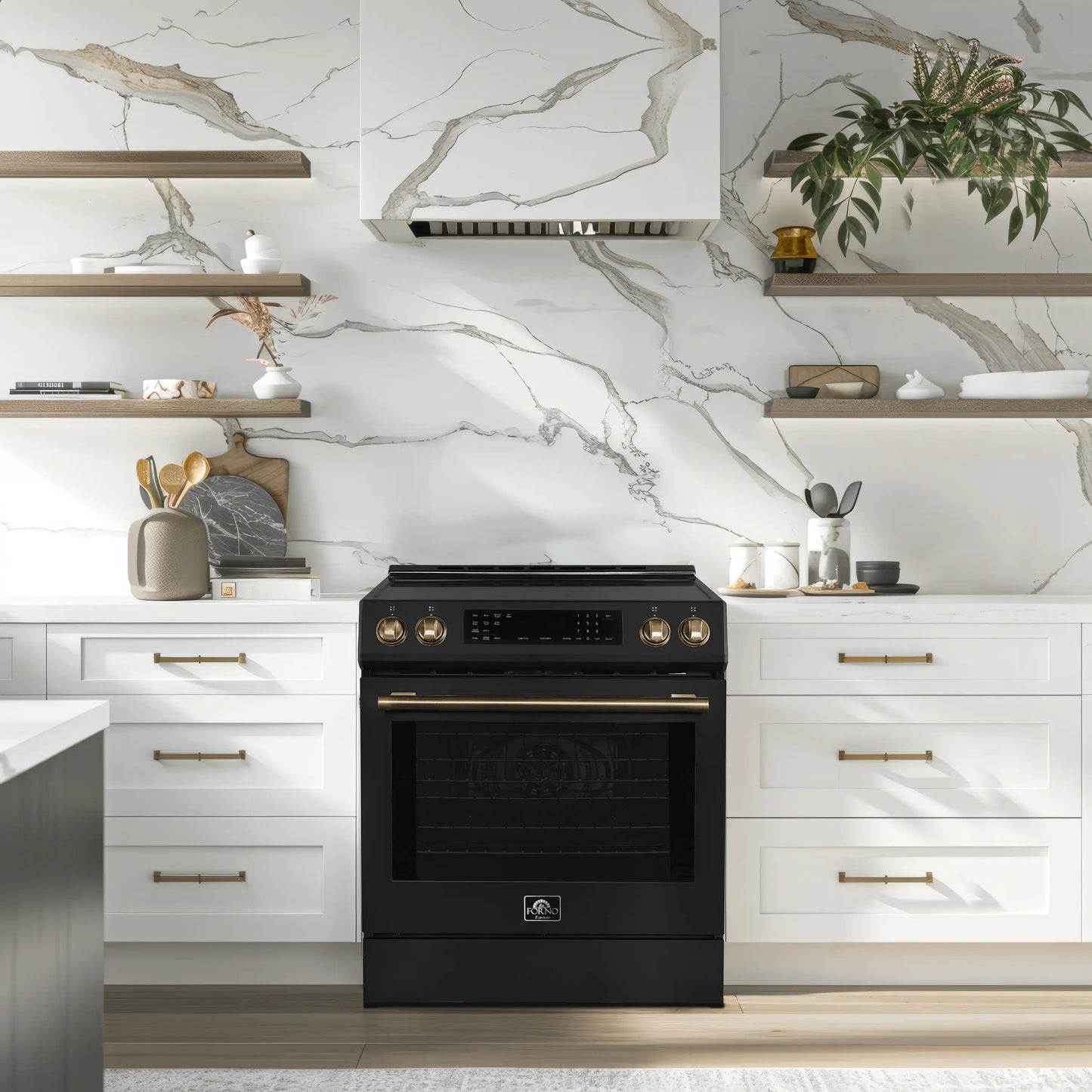 Forno 5-Piece Appliance Package - 30-Inch Induction Range, Under Cabinet Range Hood, Refrigerator, Dishwasher, and 24-Inch Microwave Drawer in Black with Stainless Steel Trim - APR5-905-30BLK