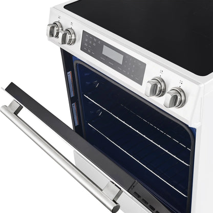 Forno 5-Piece Appliance Package - 30-Inch Induction Range, Under Cabinet Range Hood, Refrigerator with Water Dispenser, Dishwasher, and 24-Inch Microwave Drawer in White with Stainless Steel Trim - APW5-905-30WHT