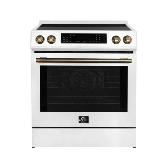 Forno 5-Piece Appliance Package - 30-Inch Induction Range, Under Cabinet Range Hood, Refrigerator with Water Dispenser, Dishwasher, and 30-Inch Microwave Drawer in White with Antique Brass Trim - APW5-905-30WHT-MWD30