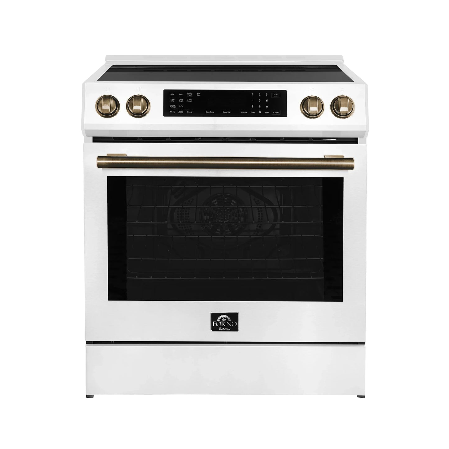Forno 5-Piece Appliance Package - 30-Inch Inducton Range, Under Cabinet Range Hood, Refrigerator with Water Dispenser, Dishwasher, and 24-Inch Microwave Oven in White with Antique Brass Trim - APW5-905-30WHT-MWO24