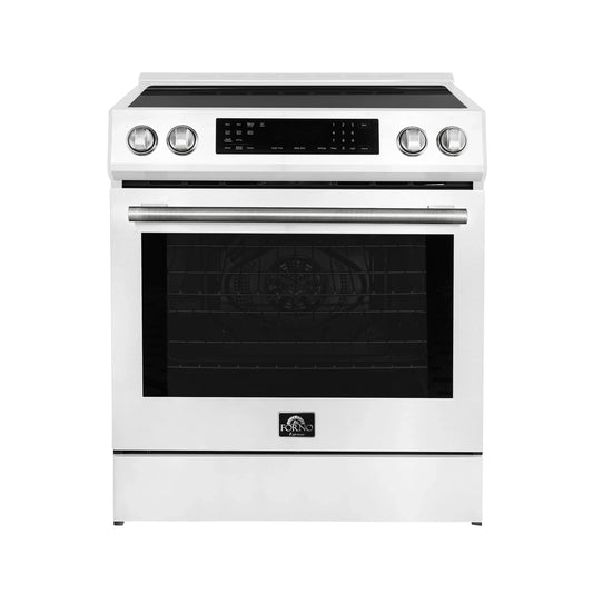 Forno 5-Piece Appliance Package - 30-Inch Induction Range, Under Cabinet Range Hood, French Door Refrigerator, Dishwasher, and 30-Inch Microwave Drawer in White with Stainless Steel Handle - APR5-905-30WHT-MWD30