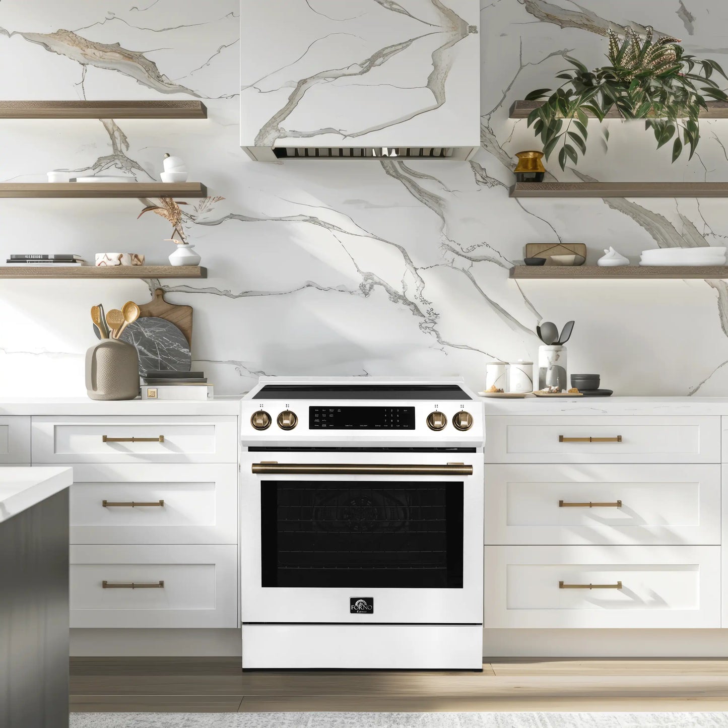 Forno 5-Piece Appliance Package - 30-Inch Inducton Range, Under Cabinet Range Hood, Refrigerator with Water Dispenser, Dishwasher, and  24-Inch Microwave Oven in White with Stainless Steel Trim - APW5-905-30WHT-MWO24