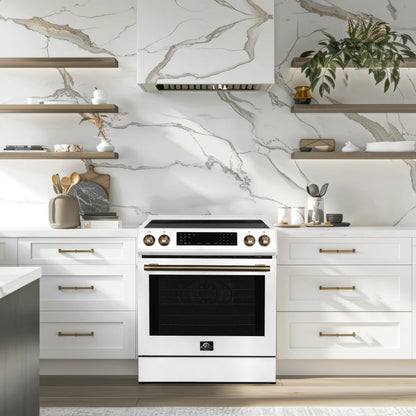 Forno 5-Piece Appliance Package - 30-Inch Induction Range, Under Cabinet Range Hood, Refrigerator with Water Dispenser, Dishwasher, and 24-Inch Microwave Drawer in White with Stainless Steel Trim - APW5-905-30WHT