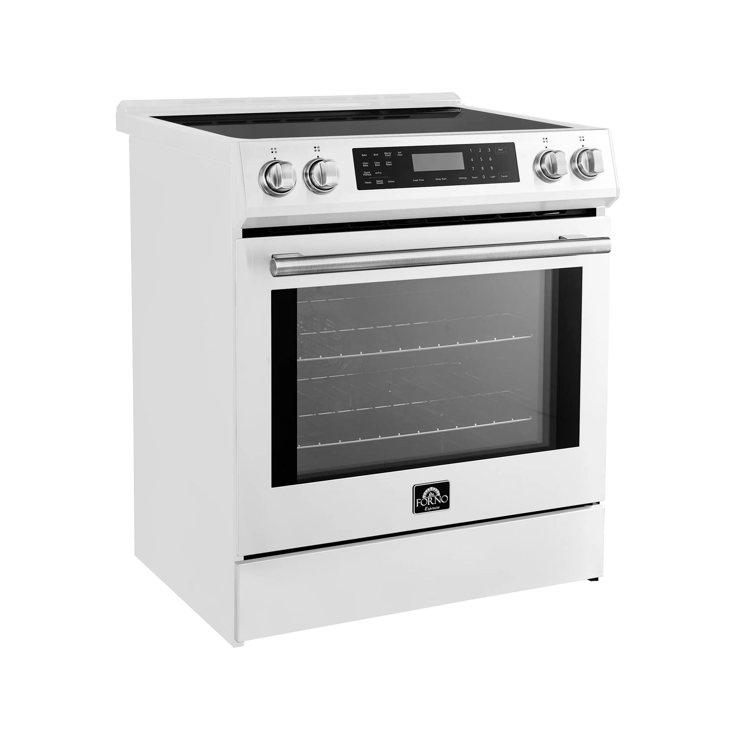 Forno 5-Piece Appliance Package - 30-Inch Induction Range, Under Cabinet Range Hood, Refrigerator, Dishwasher, and 30-Inch Microwave Oven in White with Antique Brass Trim - APR5-905-30WHT-MWO30