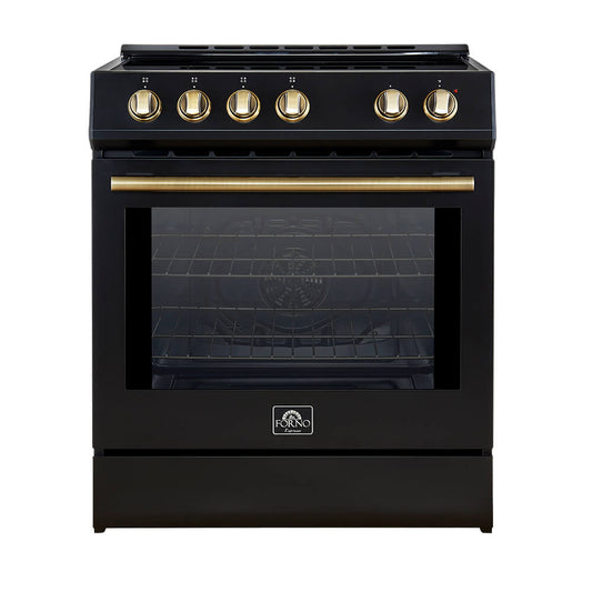 Forno 5-Piece Appliance Package - 30-Inch Induction Range, Under Cabinet Range Hood, Refrigerator with Water Dispenser, Dishwasher, and 30-Inch Microwave Drawer in Black with Antique Brass Trim - APW5-982-30BLK-MWD30