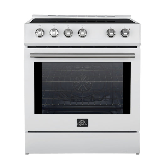 Forno 5-Piece Appliance Package - 30-Inch Induction Range, Under Cabinet Range Hood, French Door Refrigerator, Dishwasher, and 30-Inch Microwave Drawer in White with Stainless Steel Trim - APR5-982-30WHT-MWD30