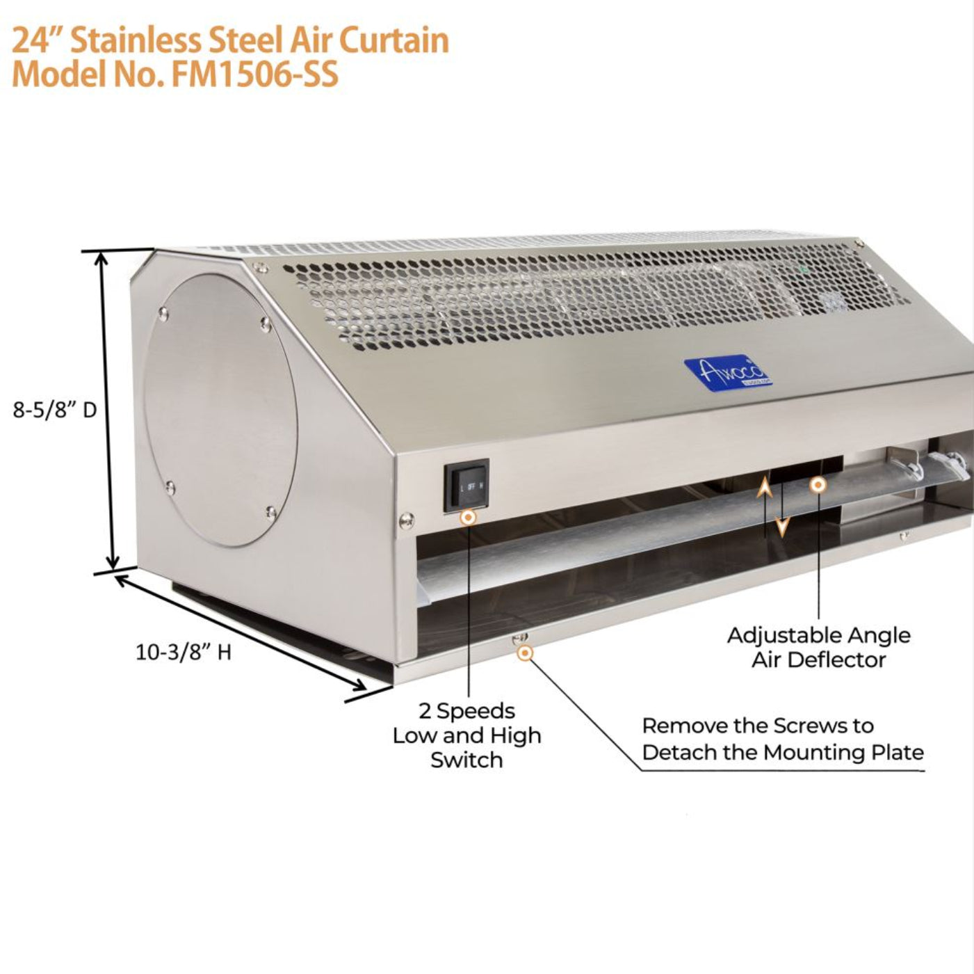 Awoco Stainless Steel Super Power 2 Speeds Commercial Indoor Air Curtain, 120V Unheated with an Easy-Install Magnetic Door Switch - FM1506-SS