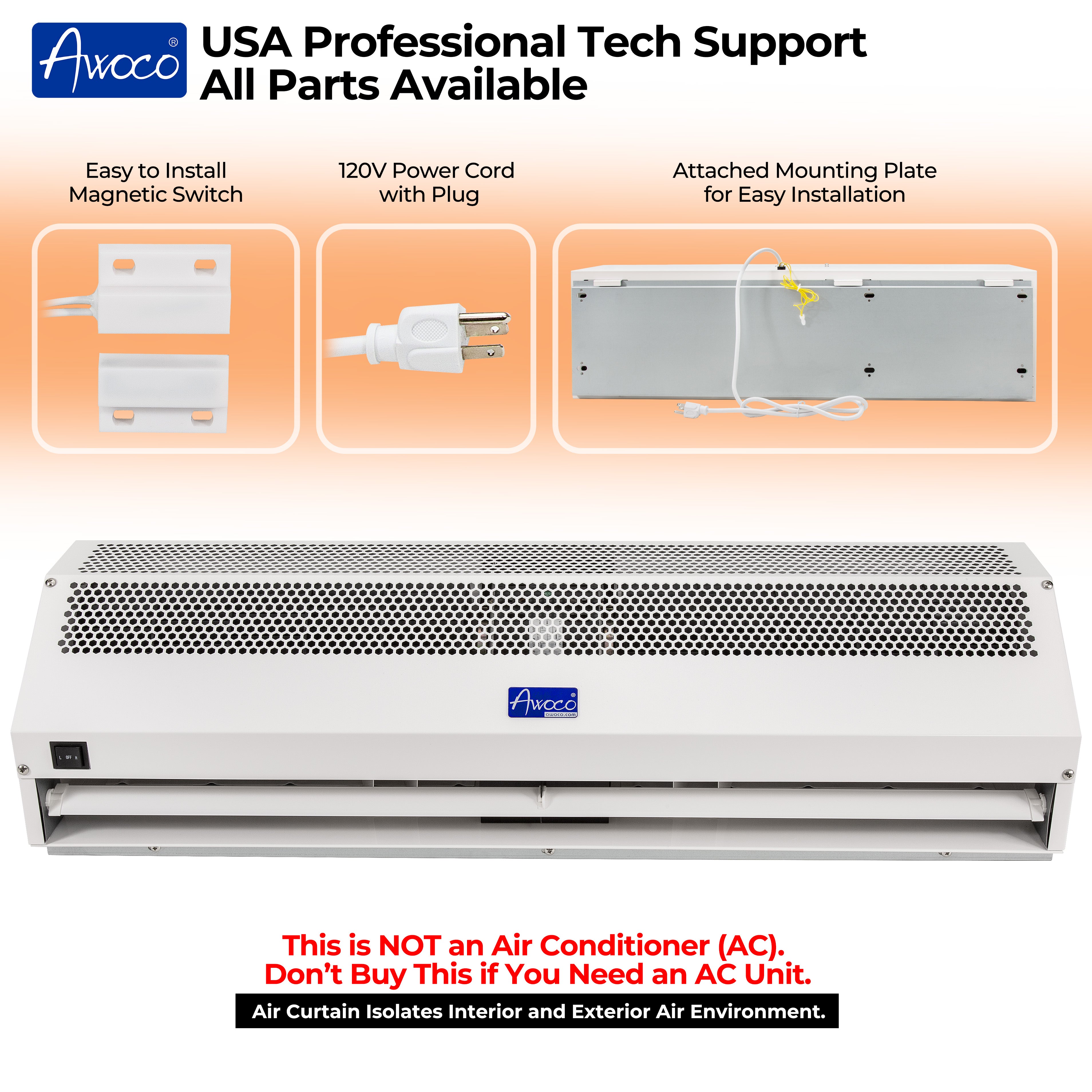 Awoco FM15-ETL Super Power 1 Speed Commercial Indoor Air Curtain, 120V Unheated, ETL Sanitation Listed - FM1509-ETL