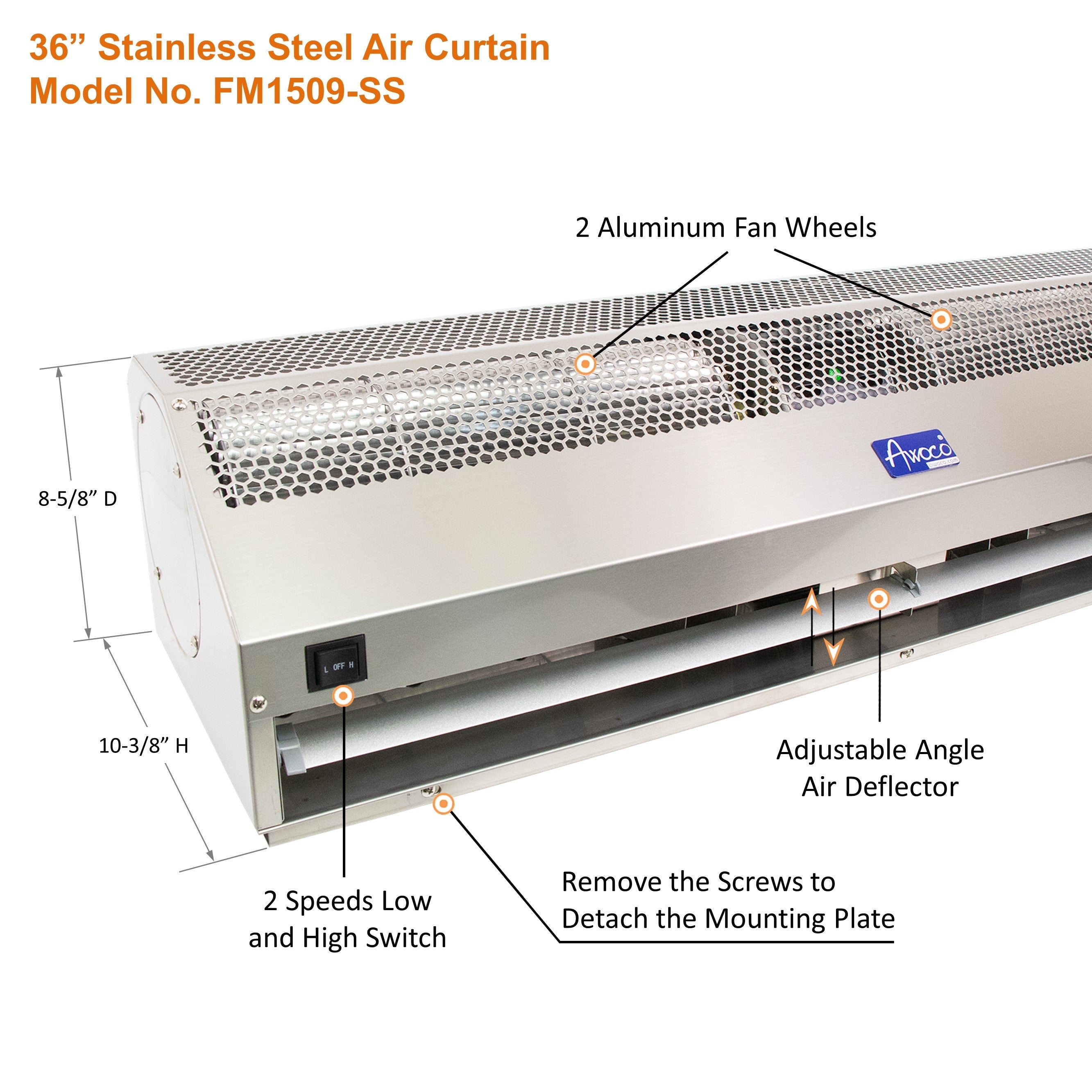 Awoco Stainless Steel Super Power 2 Speeds Commercial Indoor Air Curtain, 120V Unheated with an Easy-Install Magnetic Door Switch - FM1506-SS