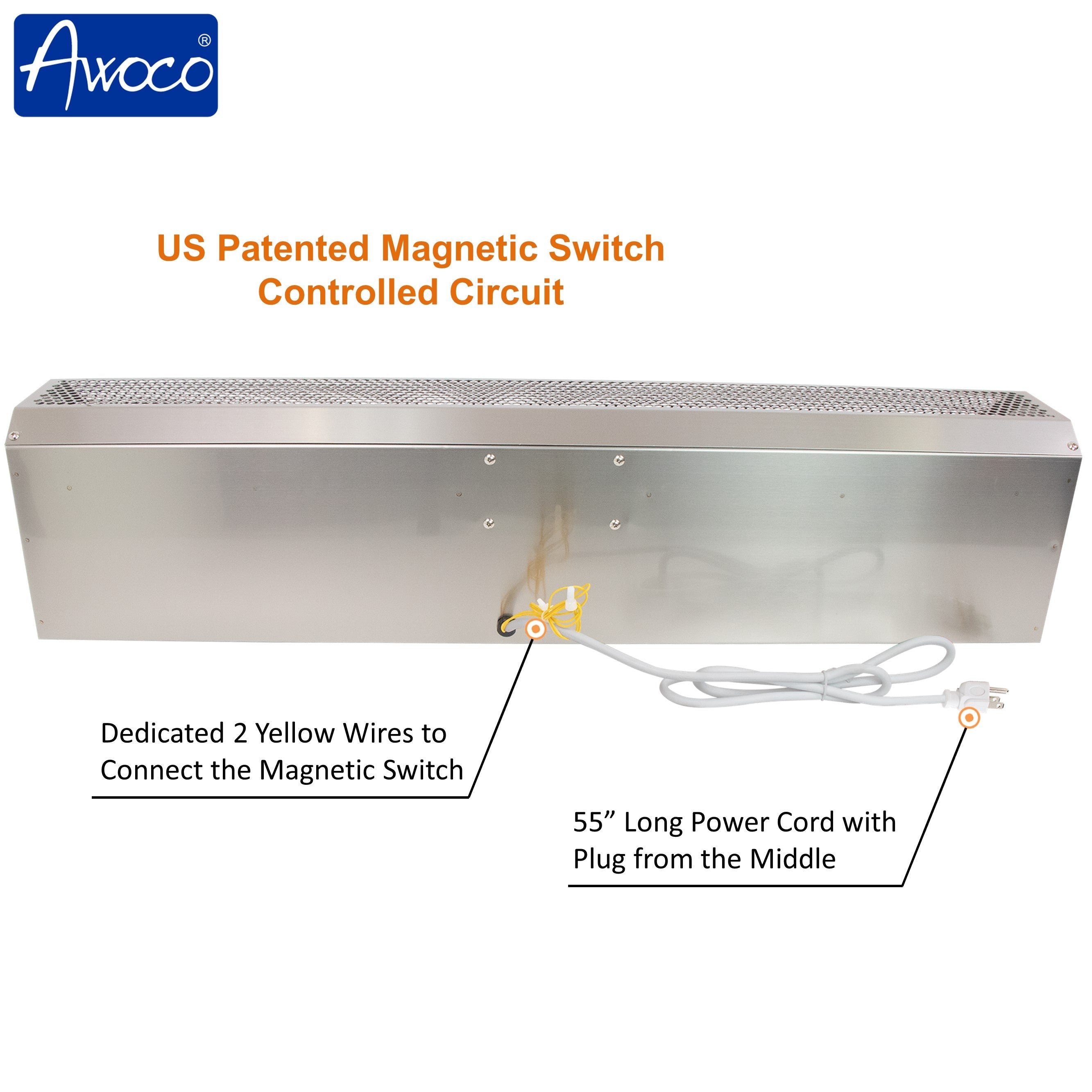 Awoco Stainless Steel Super Power 2 Speeds Commercial Indoor Air Curtain, 120V Unheated with an Easy-Install Magnetic Door Switch - FM1506-SS